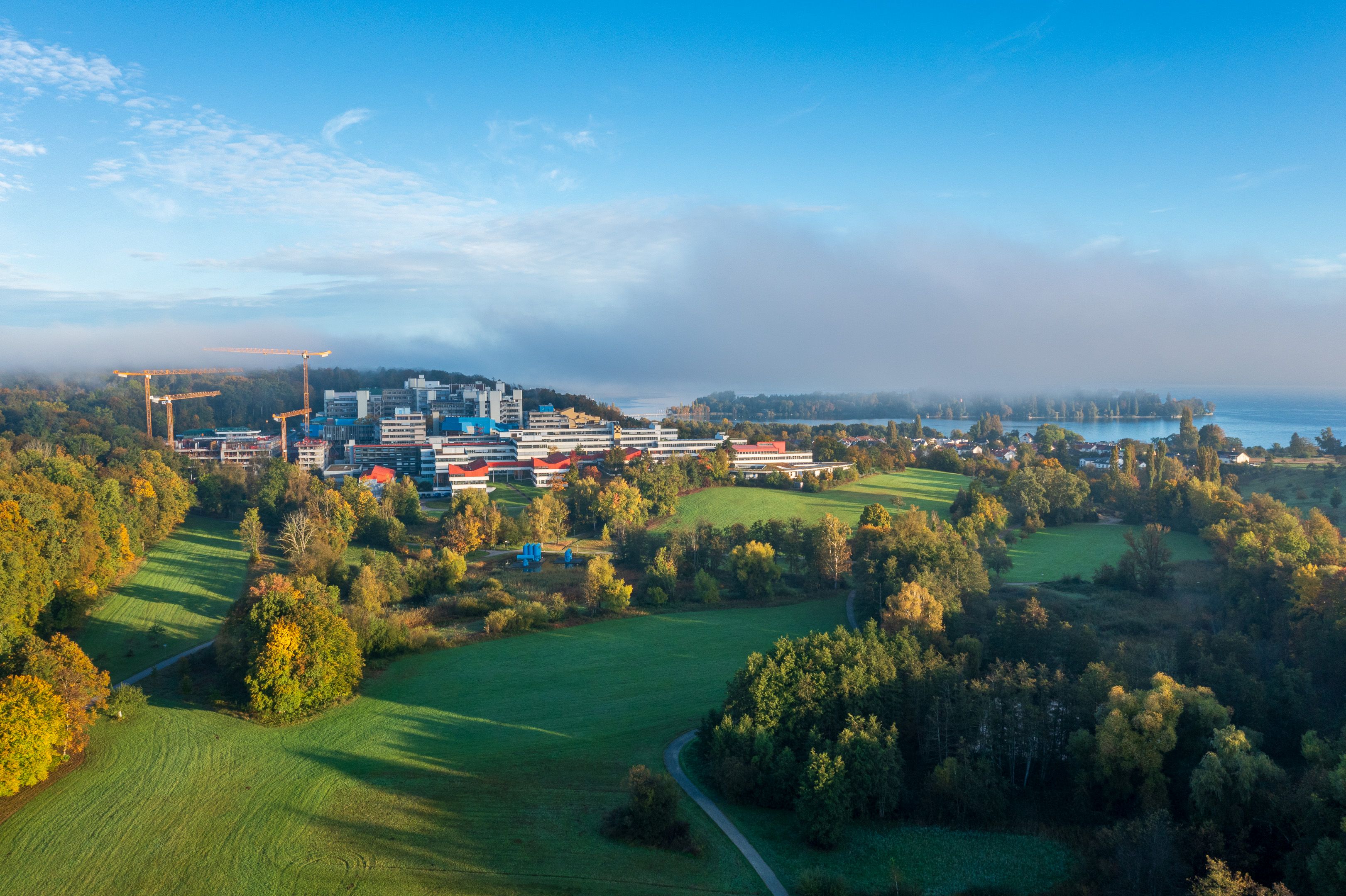 Aerial view of the University of Konstanz in light autumn fog