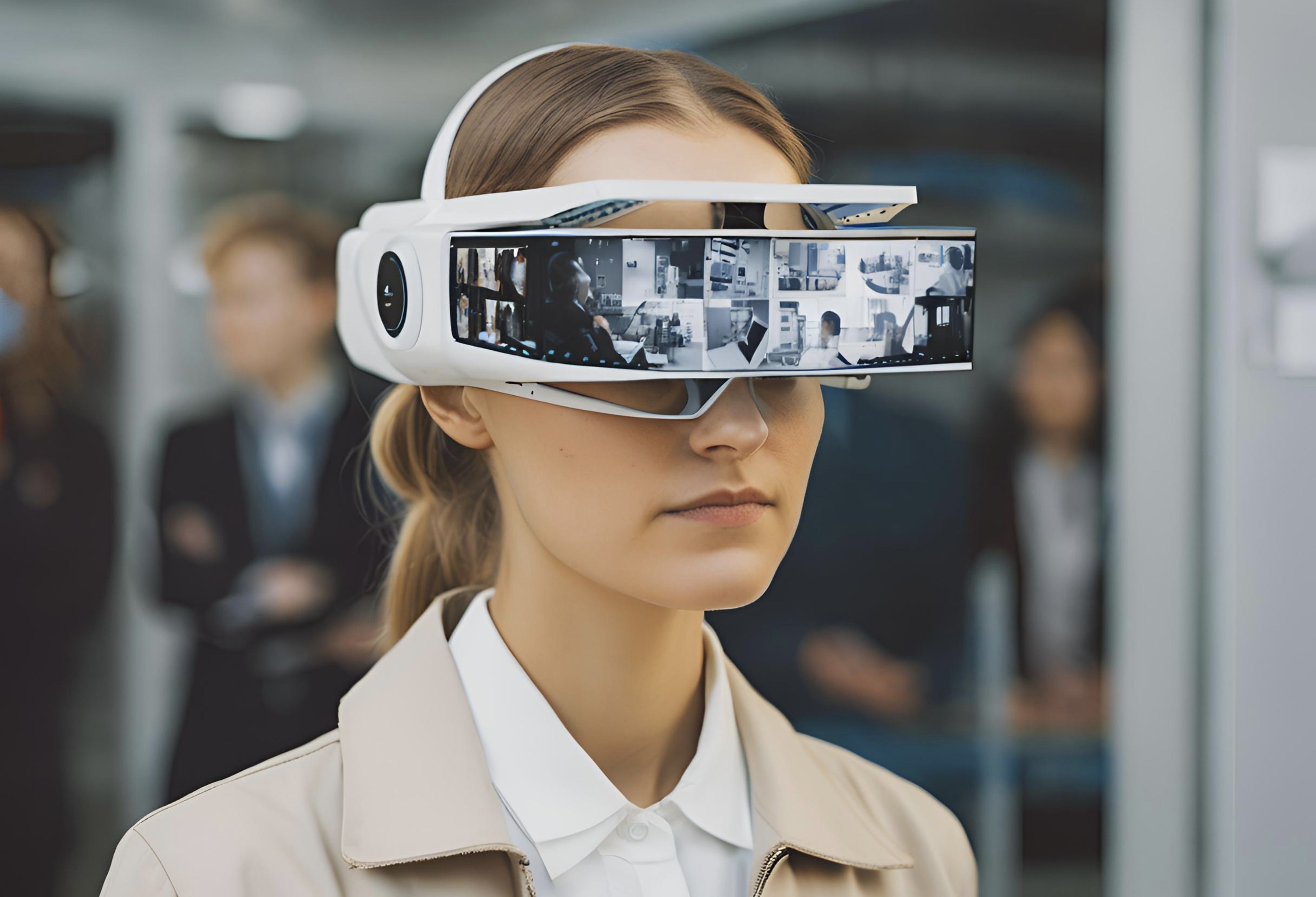 A woman in a light beige coat wears VR glasses 